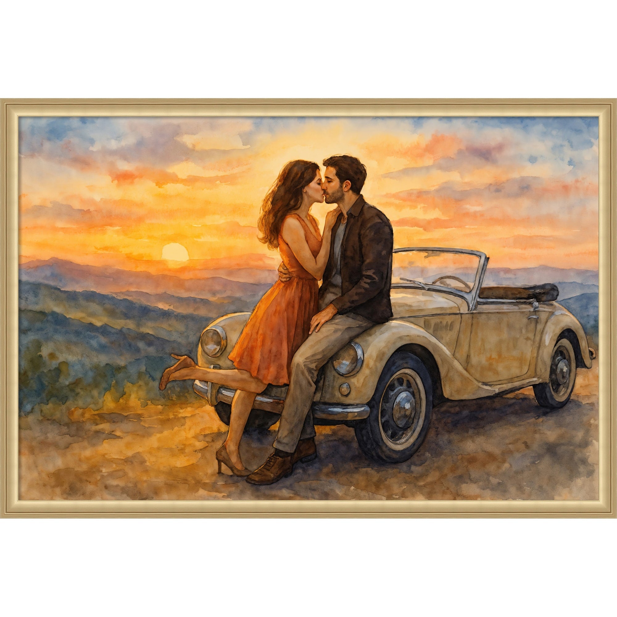 Couple Kissing In Classic Car Sunset By Natalie Bruns Framed Mounted Canvas Wall Art Print
