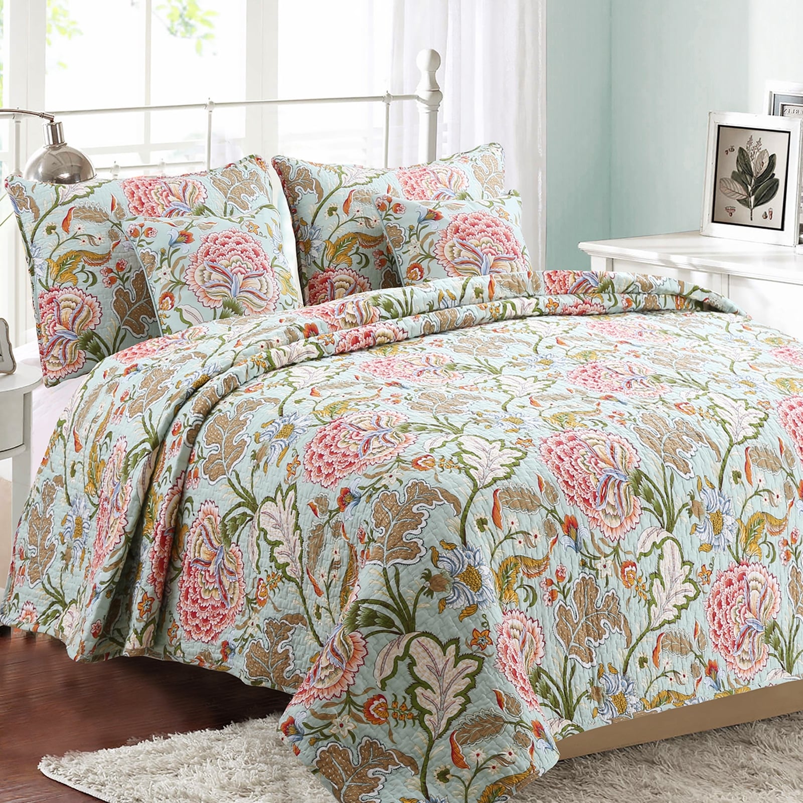 Cozy Line Aregada Floral 3 Piece Reversible Cotton Quilt Set