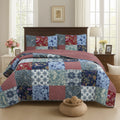 Cozy Line Country Blue Rose Floral Paisley Garden Cotton 3 Piece Patchwork Quilt Bedding Set