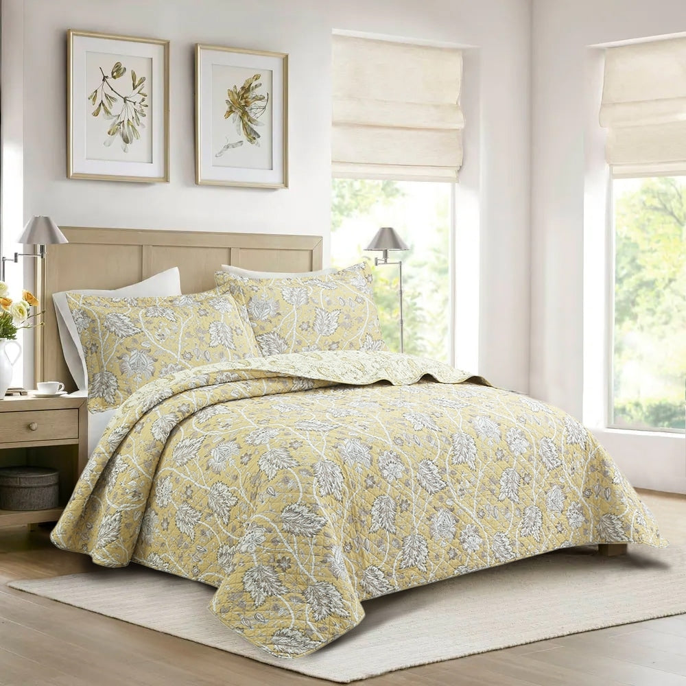 Cozy Line Flaxen Yellow Tan Brown Floral 3 Piece Cotton Quilt Bedding Set