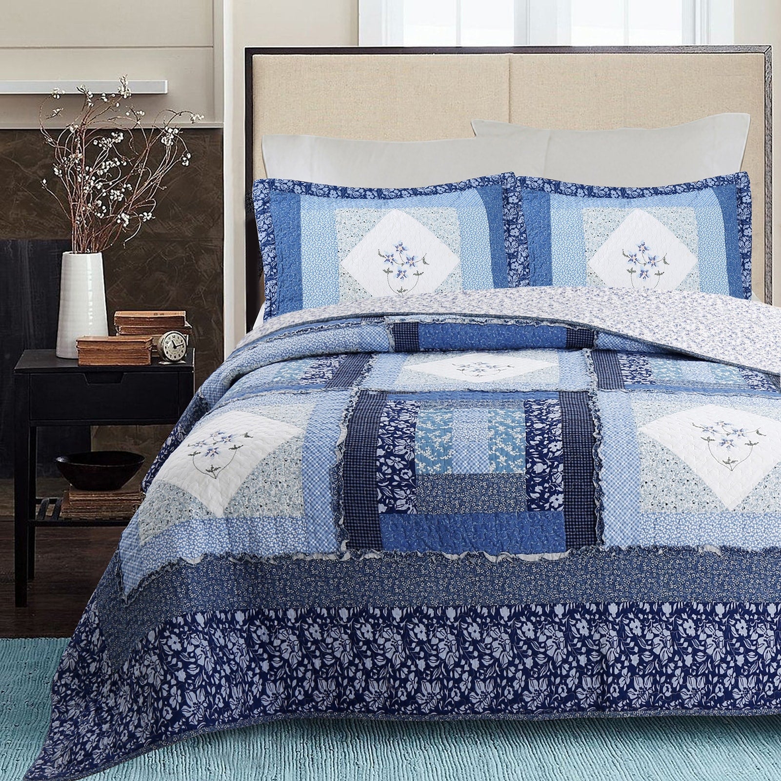 Cozy Line Freesia Patchwork 3 Piece Reversible Cotton Quilt Set