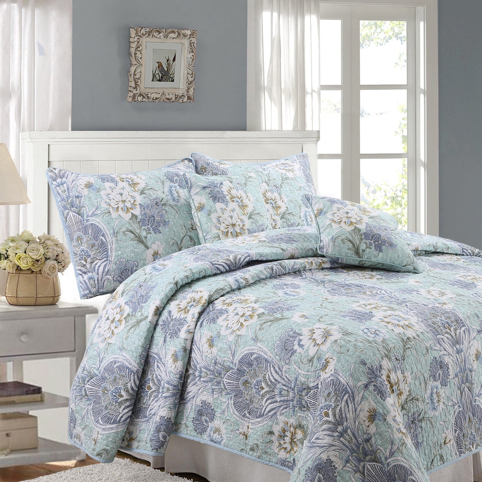 Cozy Line Jasmine Floral 3 Piece Reversible Cotton Quilt Set