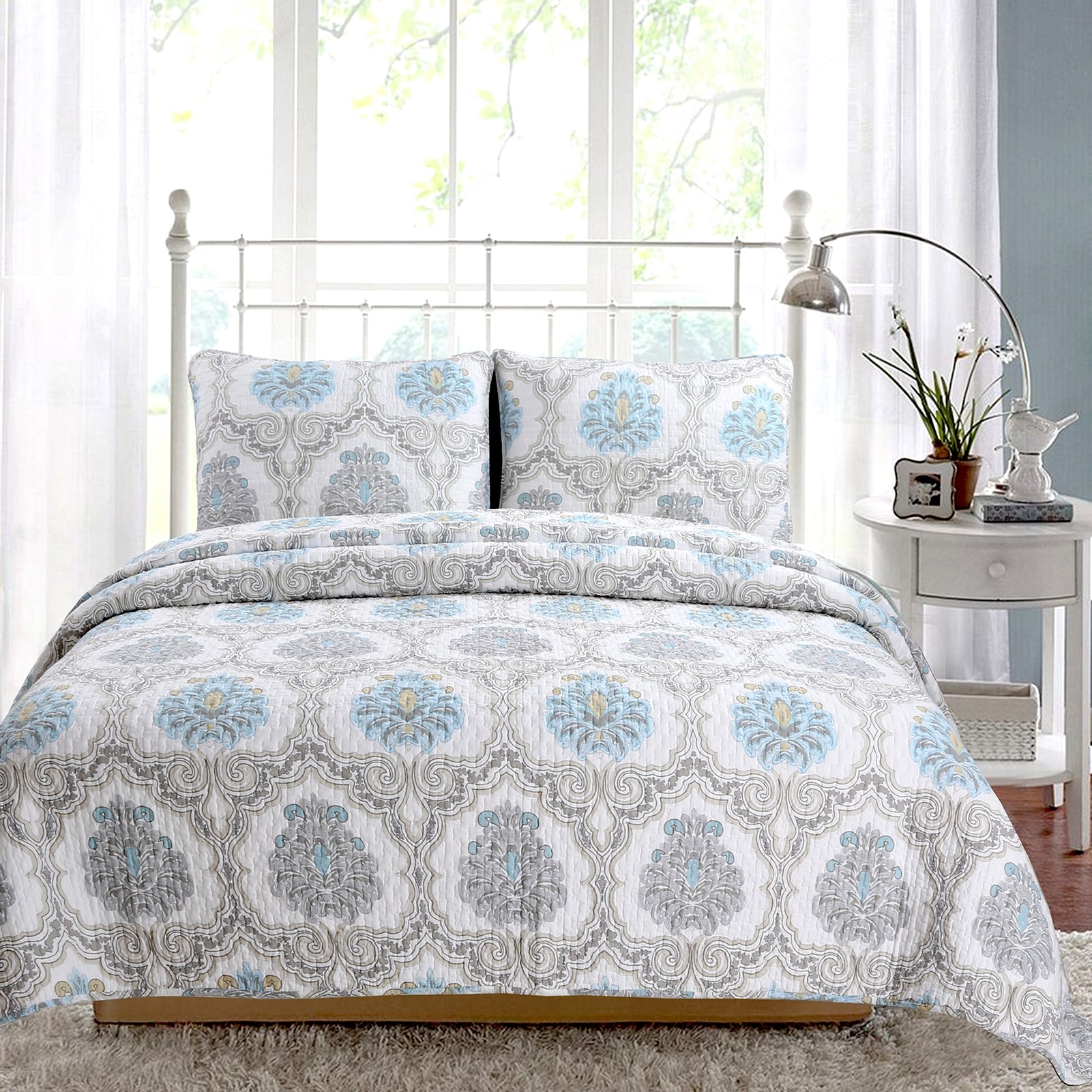 Cozy Line Kamala Damask 3 Piece Reversible Cotton Quilt Set