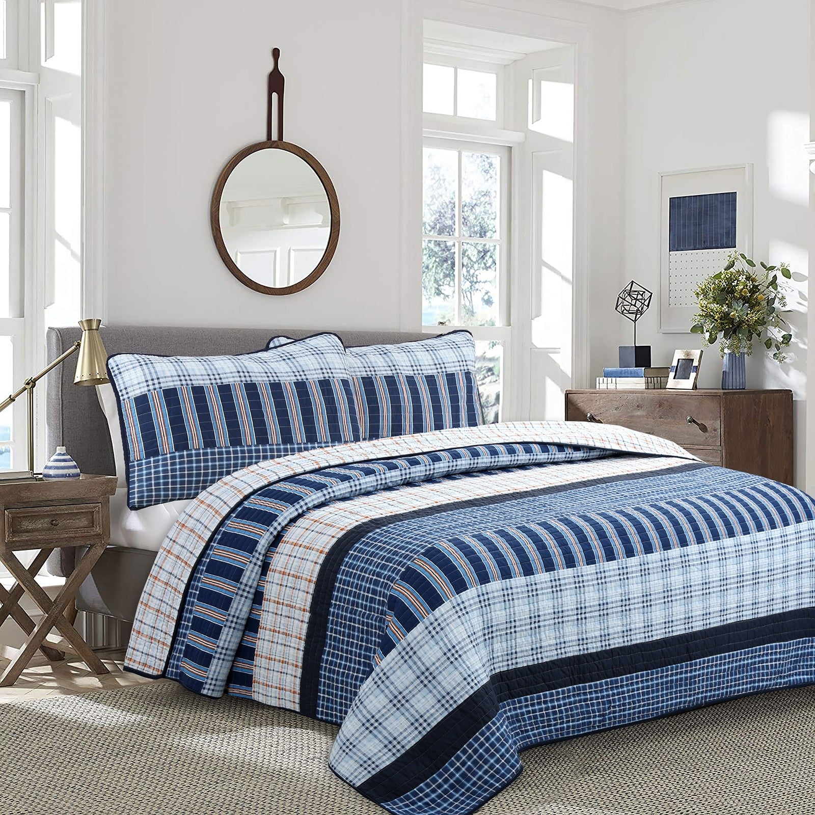 Cozy Line Navy Orange Stripe Reversible Cotton Quilt Set