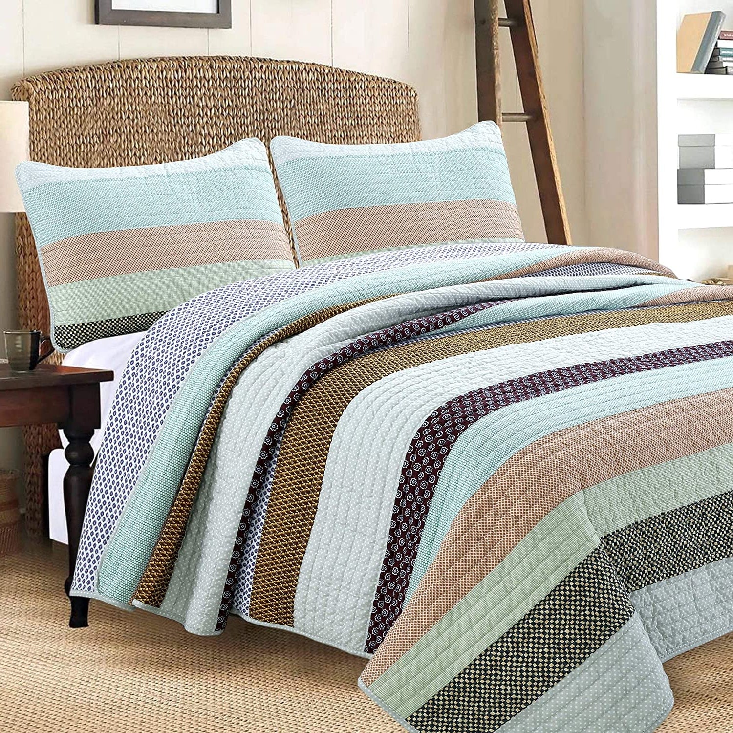 Cozy Line Nesco Striped Cotton Reversible 3 Piece Quilt Bedding Set