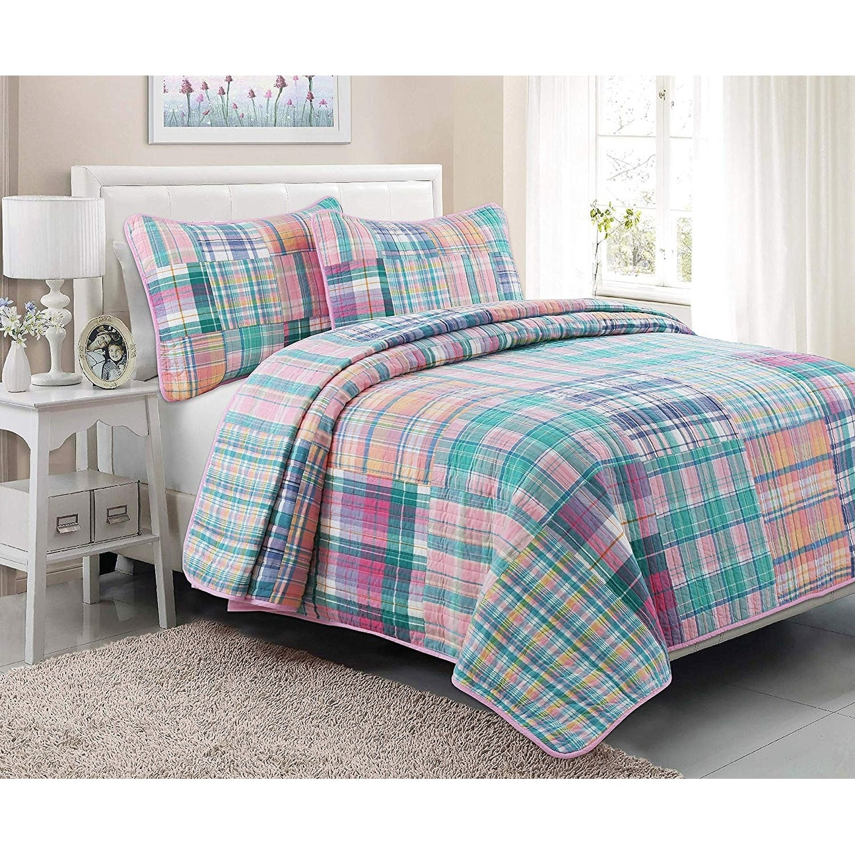 Porch Den Copel Grid Patchwork Cotton Reversible Quilt Set