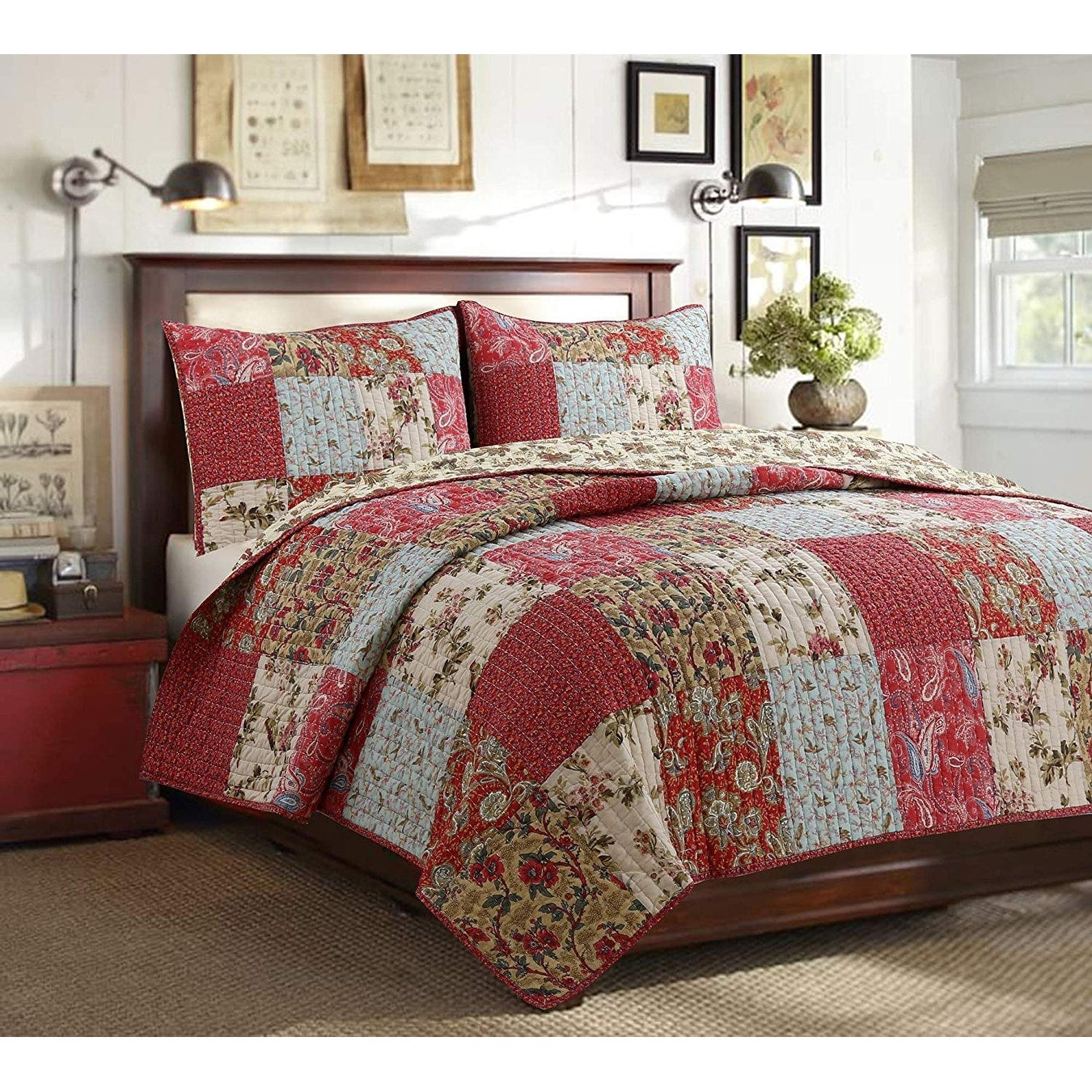 Cozy Line Rosemond 3 Piece Floral Patchwork Reversible Quilt Set