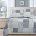 Cozy Line Subtle Blue Checker Cottage Floral Stripe Cotton 3 Piece Patchwork Quilt Bedding Set