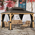 Cozywor 13 Ft. X 11 Ft. Wood Gazebo With Mosquito Netting Double Steel Roof Hardtop