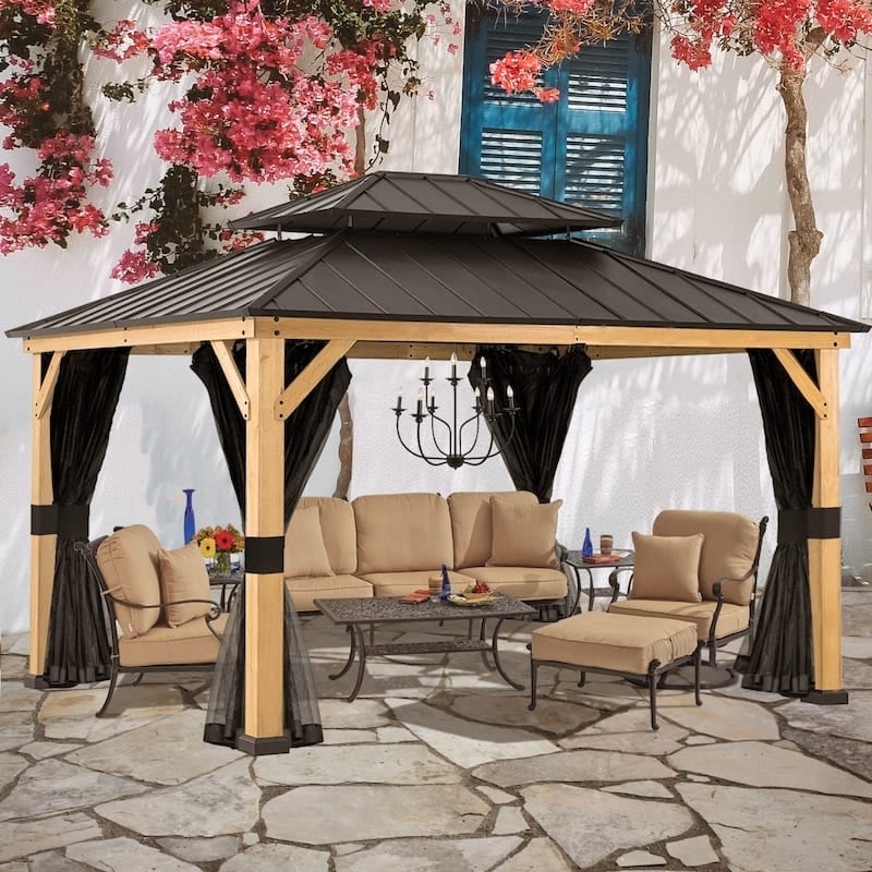 Cozywor 13 Ft. X 11 Ft. Wood Gazebo With Mosquito Netting Double Steel Roof Hardtop