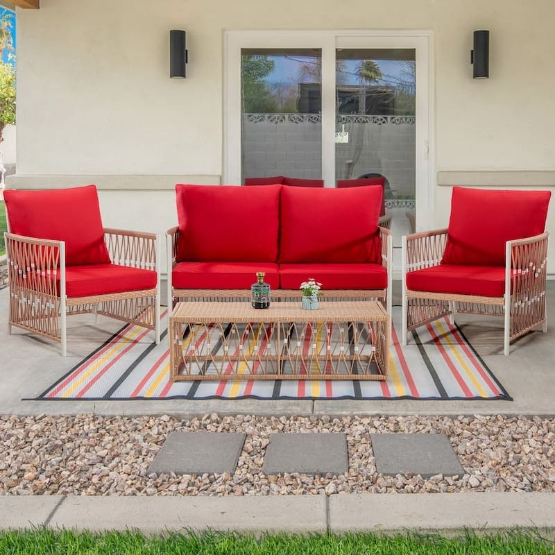 Cozywor 4 Piece Wicker Outdoor Loveseat Sofa Patio Conversation Set
