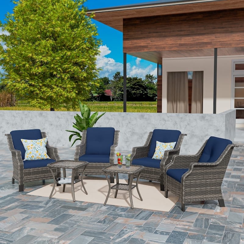 Cozywor 6 Piece Outdoor Patio Rattan Wicker Chairs Withtempered Glass Side Table Metal Rocking Frame For Backyard Porch Deck
