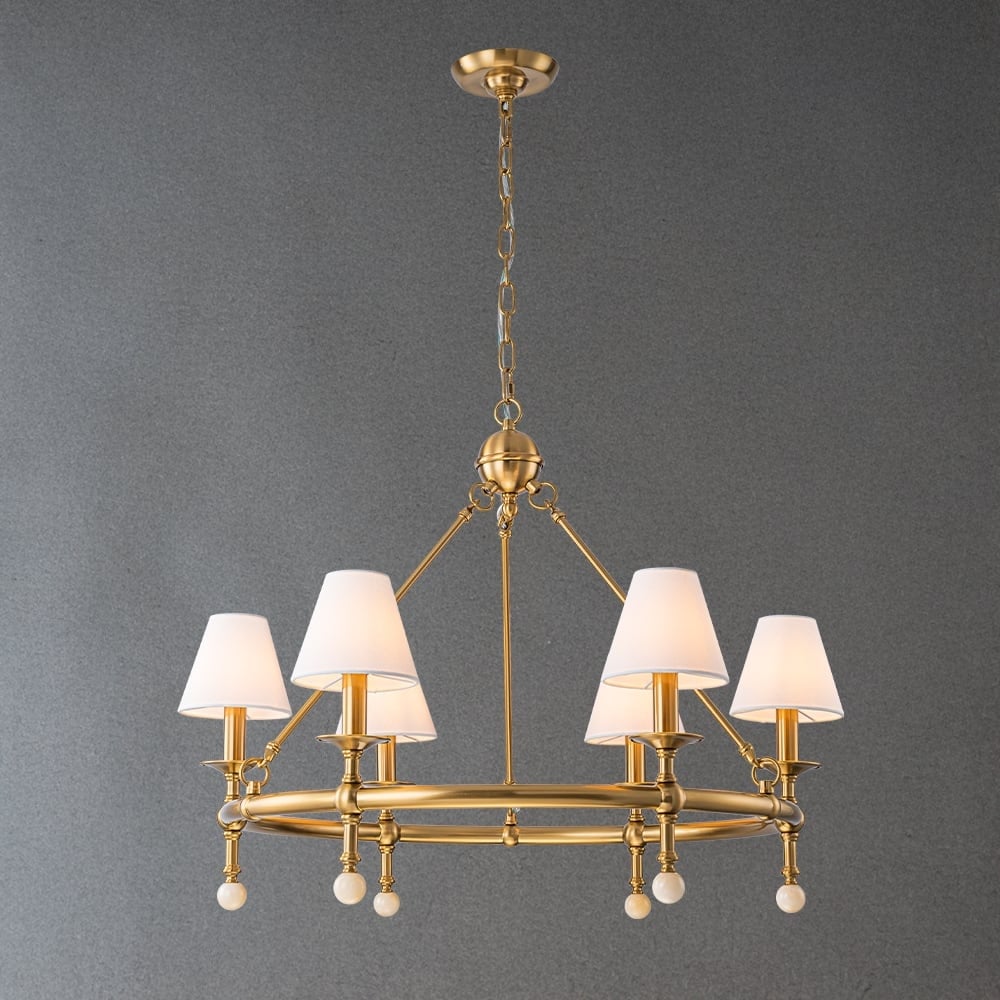 Crafthome 6 Light Chandelier With Fabric Shades And Alabaster Accents Classic Design For Dining Room Kitchen Island W34