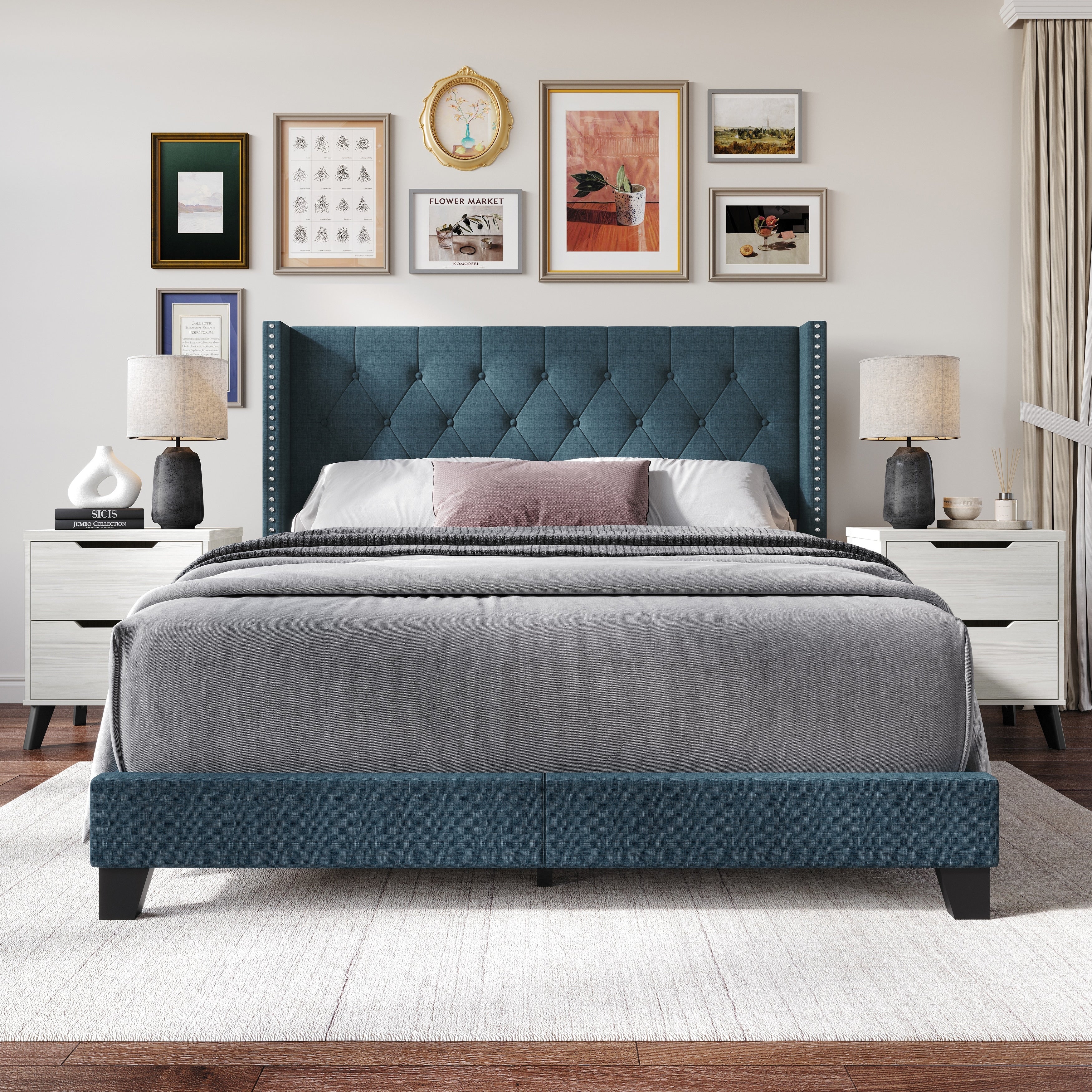 Craftporch Classic Blue Linen Bedroom Set With 2 Pieces Nightstand