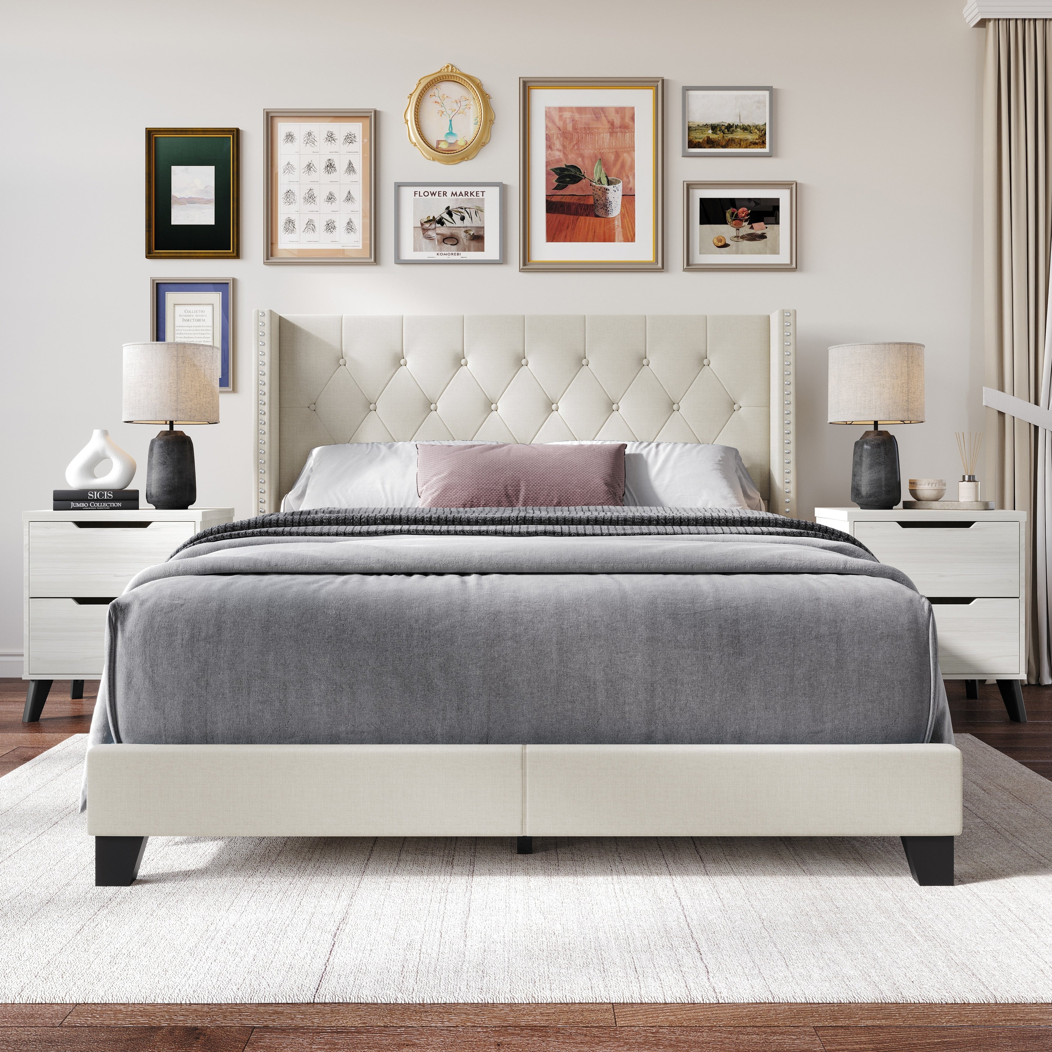 Craftporch Classic Warm Grey Linen Bedroom Set With 2 Pieces Nightstand