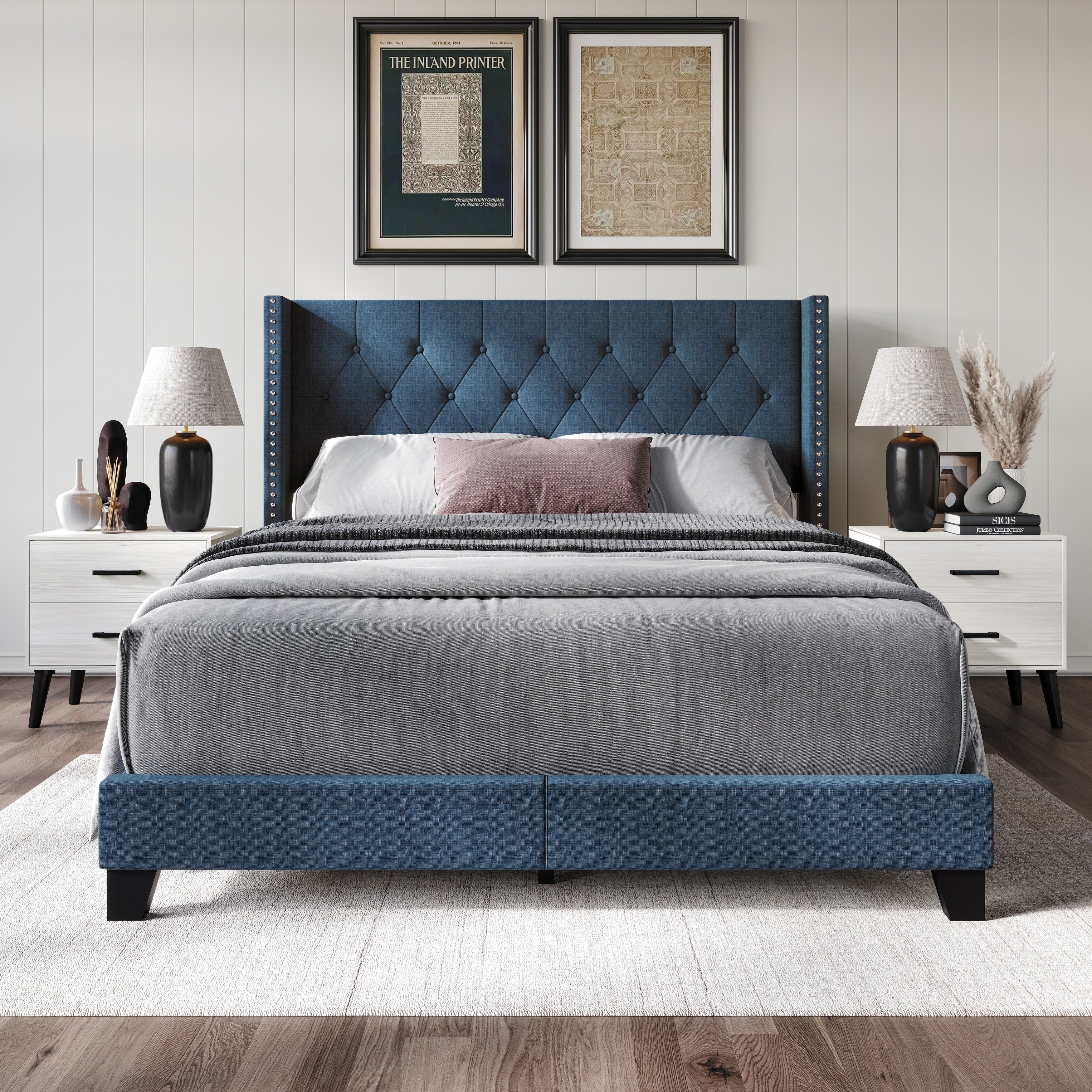 Craftporch Elegance Blue Linen Bedroom Set With Two Nightstand
