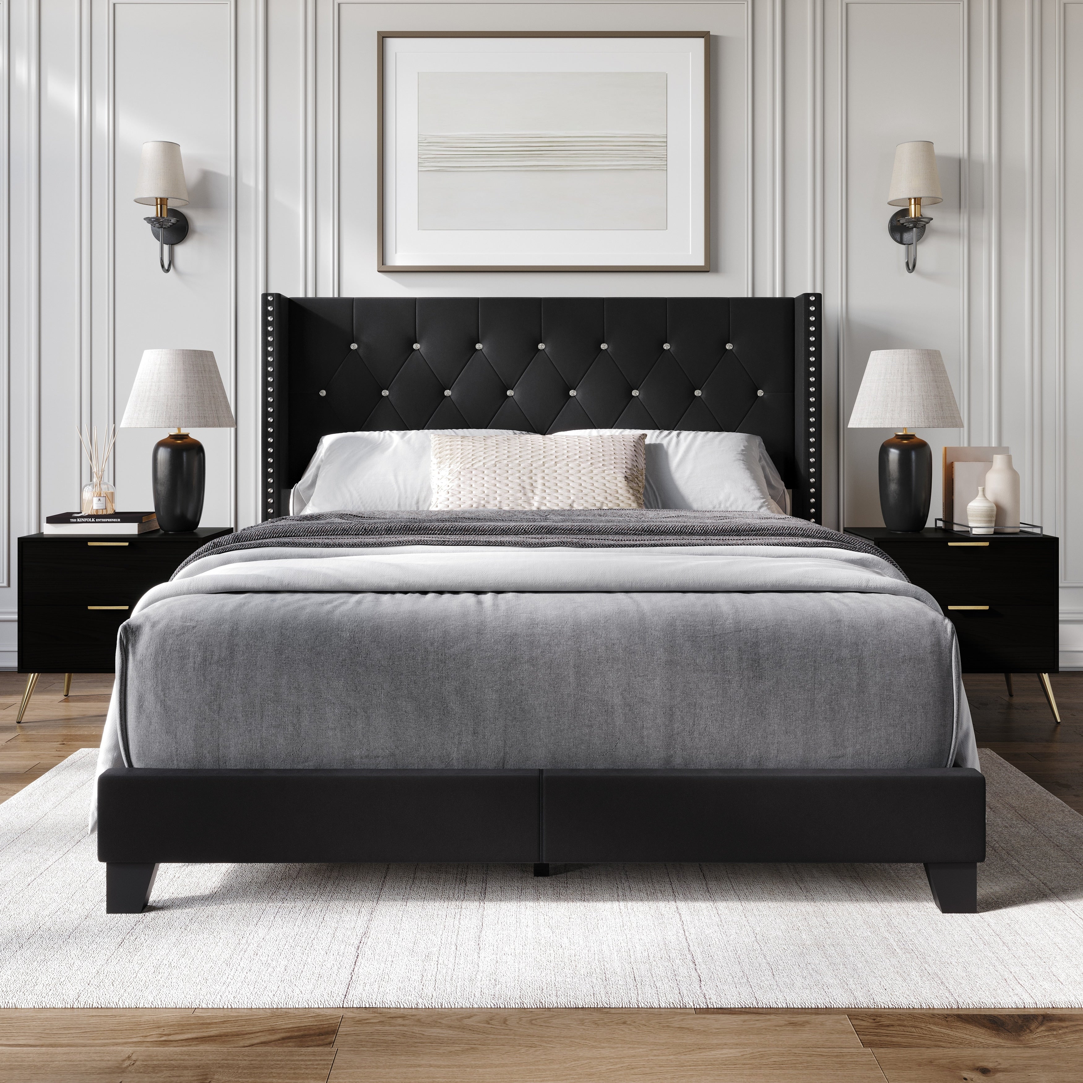 Craftporch Luxury Black Velvet Bedroom Set With 2 Pieces Nightstand