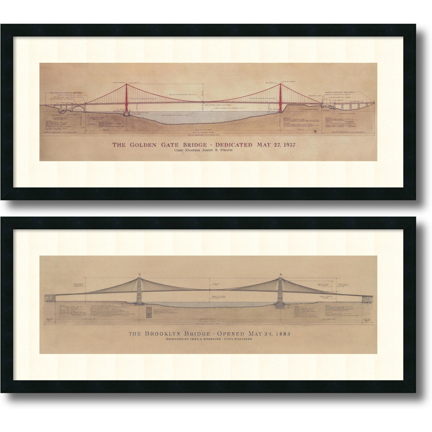 Framed Art Print Golden Gate Bridge Brooklyn Bridge Set Of 2 By Craig S. Holmes 40 X 17 Inch Each