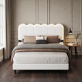 Cream Boucle Petal Headboard Bed Frame With Ambient Light Full Queen Soft Upholstered Bedroom Bed