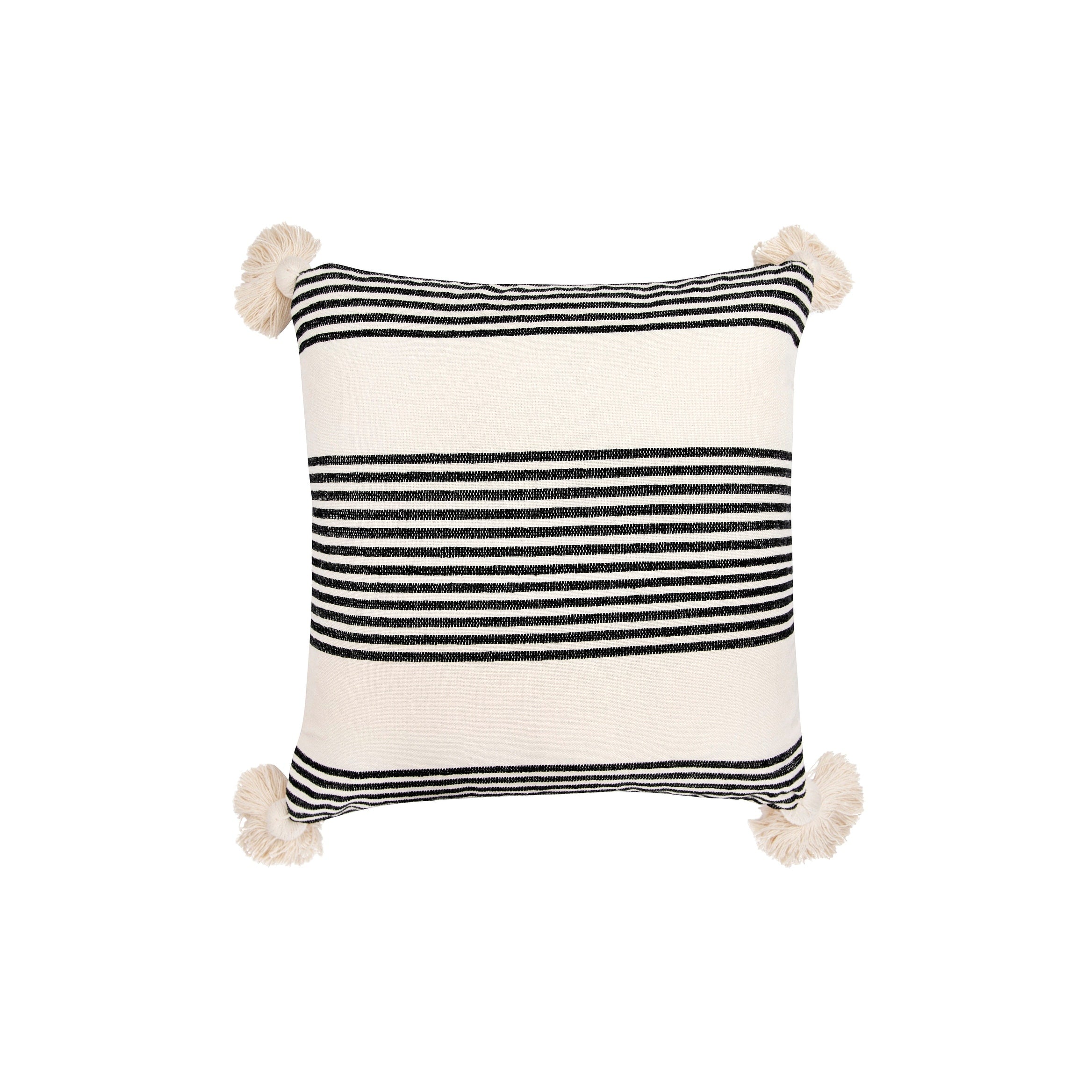 Cream Cotton Chenille Pillow With Vertical Stripes Tassels Solid Cream Back