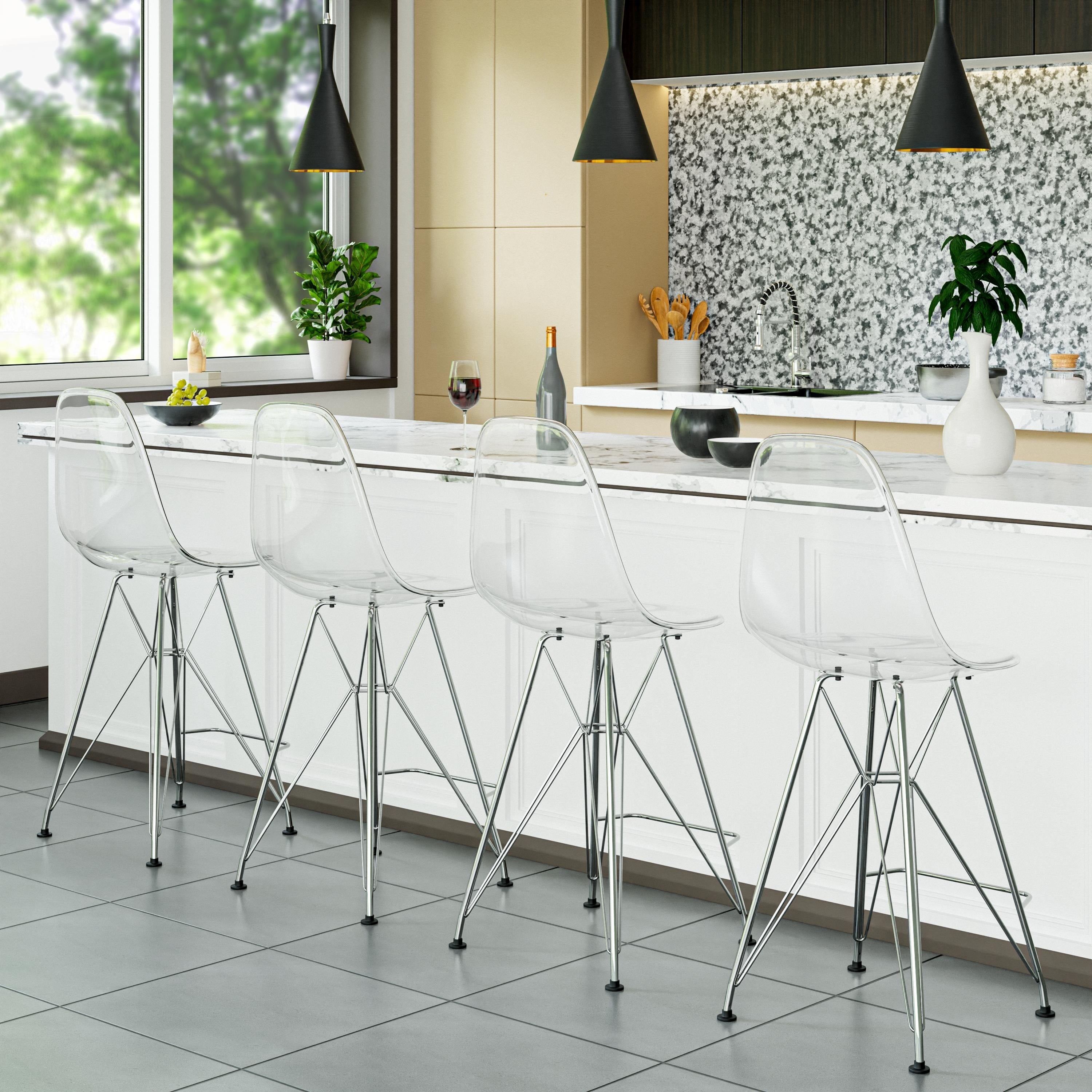Cresco Set Of 2 Modern Acrylic Shell Barstool With Hand Brushed Chrome Legs And Ergonomic Seat