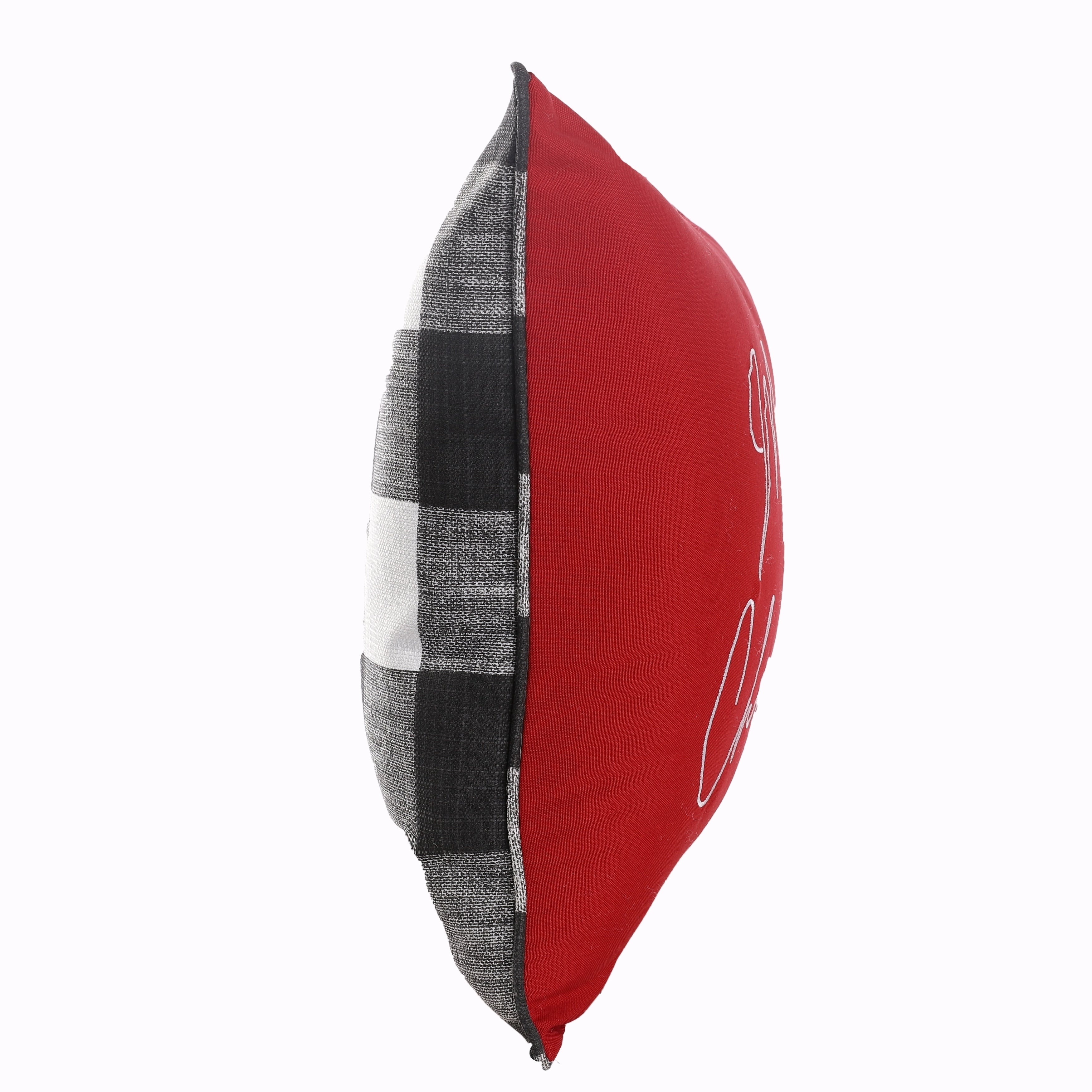 Crimson Red With Black Buffalo Plaid Indoor Outdoor Merry Christmas Embroidered Pillow Corded