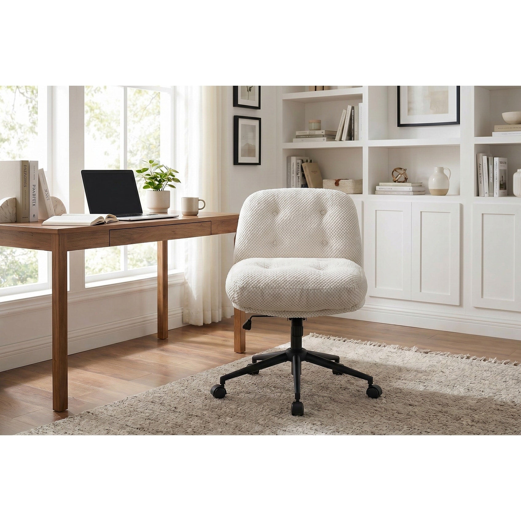 Cross Legged Office Chair No Arms Adjustable Swivel Wider Thickened Ergonomic Desk Chair For Home Office Vanity White