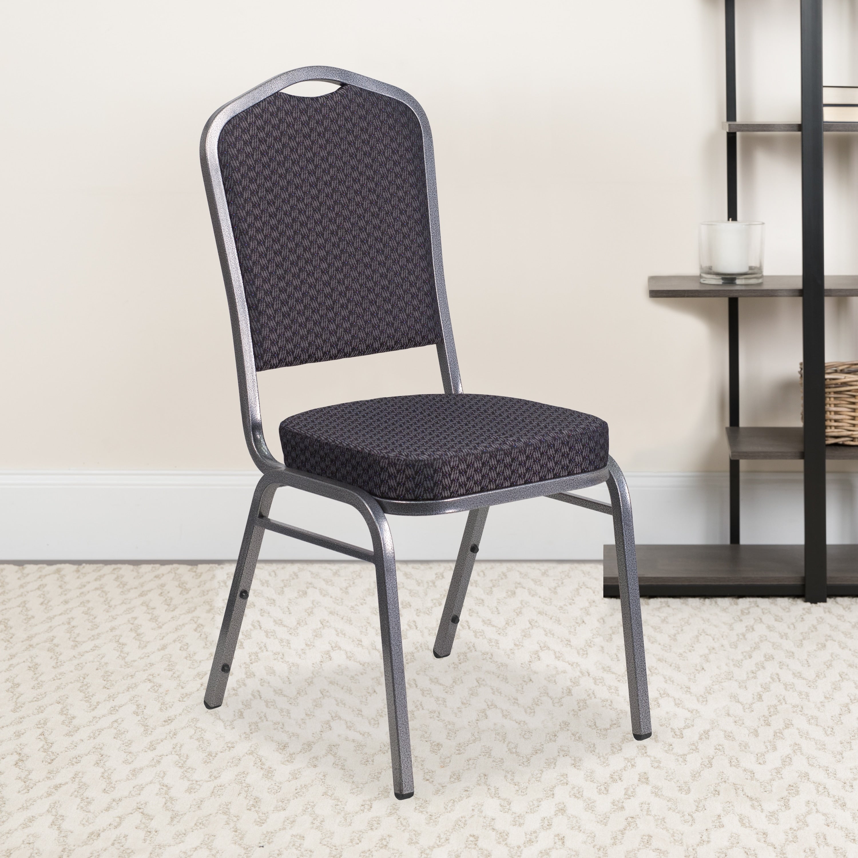 Crown Back Stacking Banquet Chair In Black Patterned Fabric Silver Vein Frame