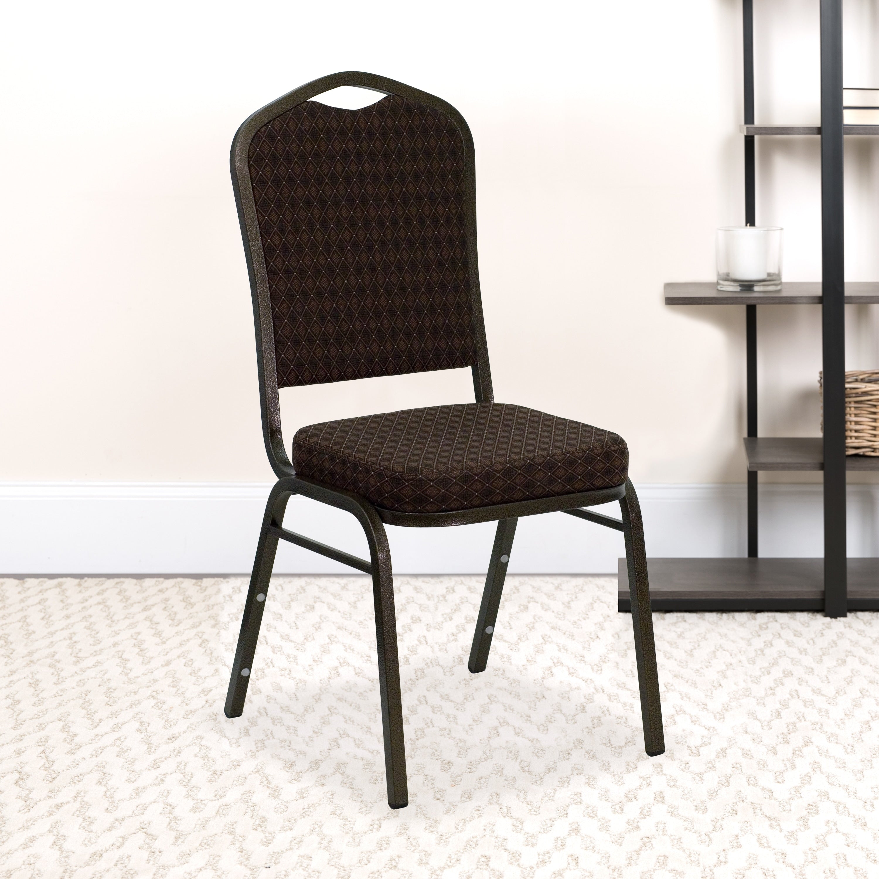 Crown Back Stacking Banquet Chair In Brown Patterned Fabric Gold Vein Frame