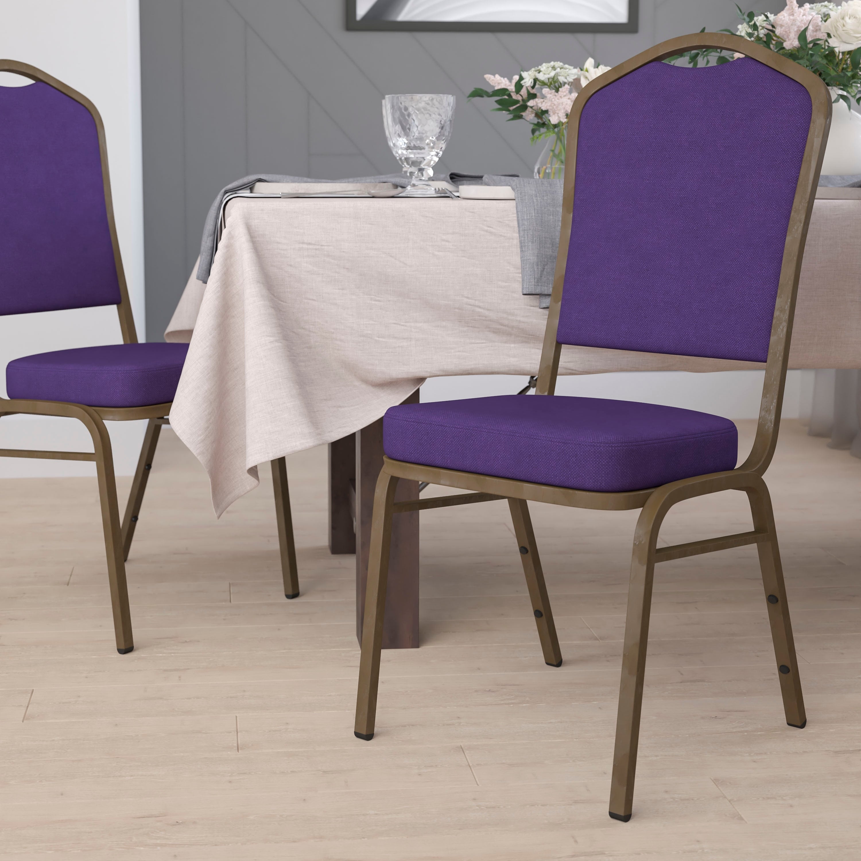 Hercules Series Crown Back Stacking Banquet Chair With Purple Fabric And 2.5 Inch Thick Seat And Gold Vein Frame