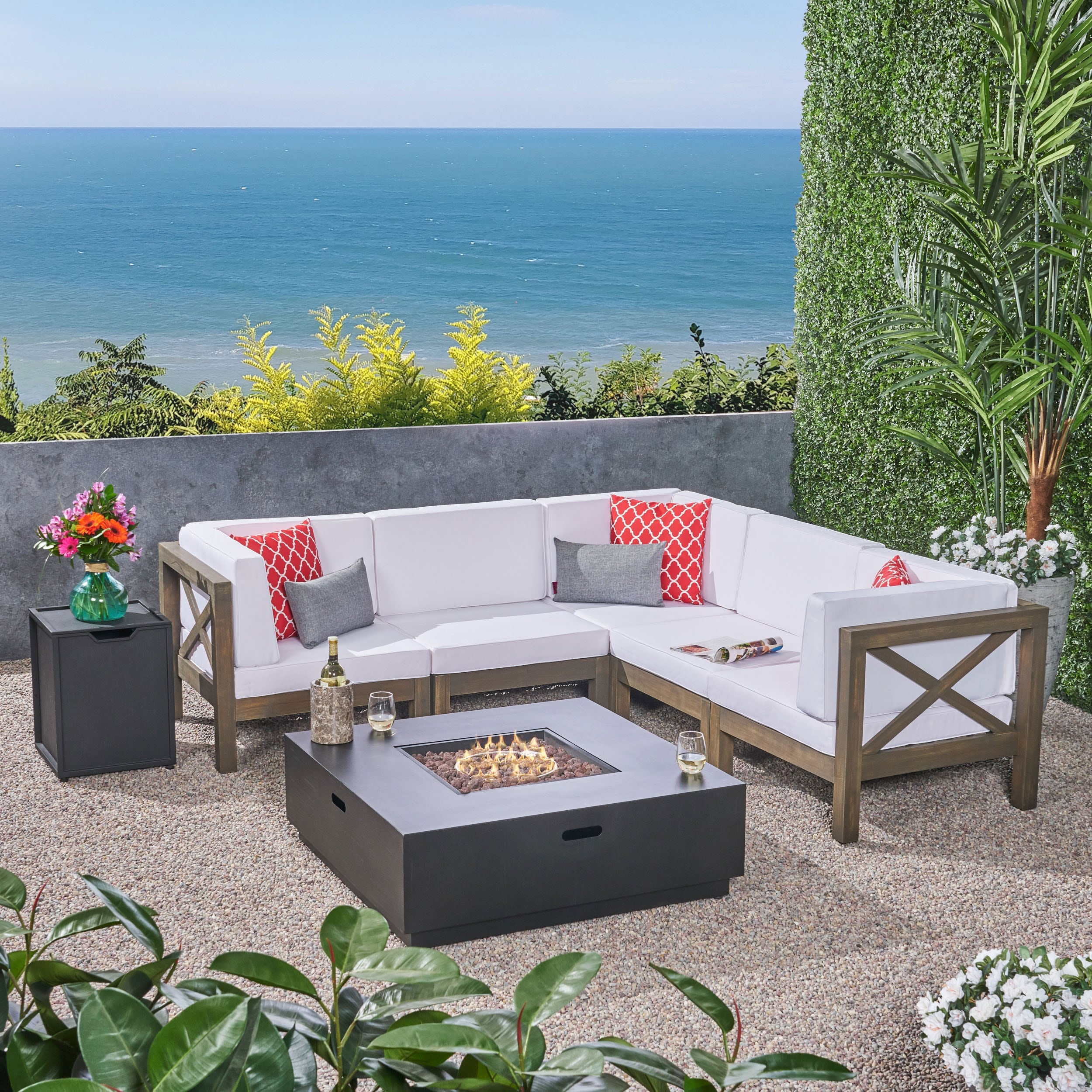 Culatra Outdoor 7 Piece Acacia Wood Sectional Sofa Set With Fire Pit By Christopher Knight Home