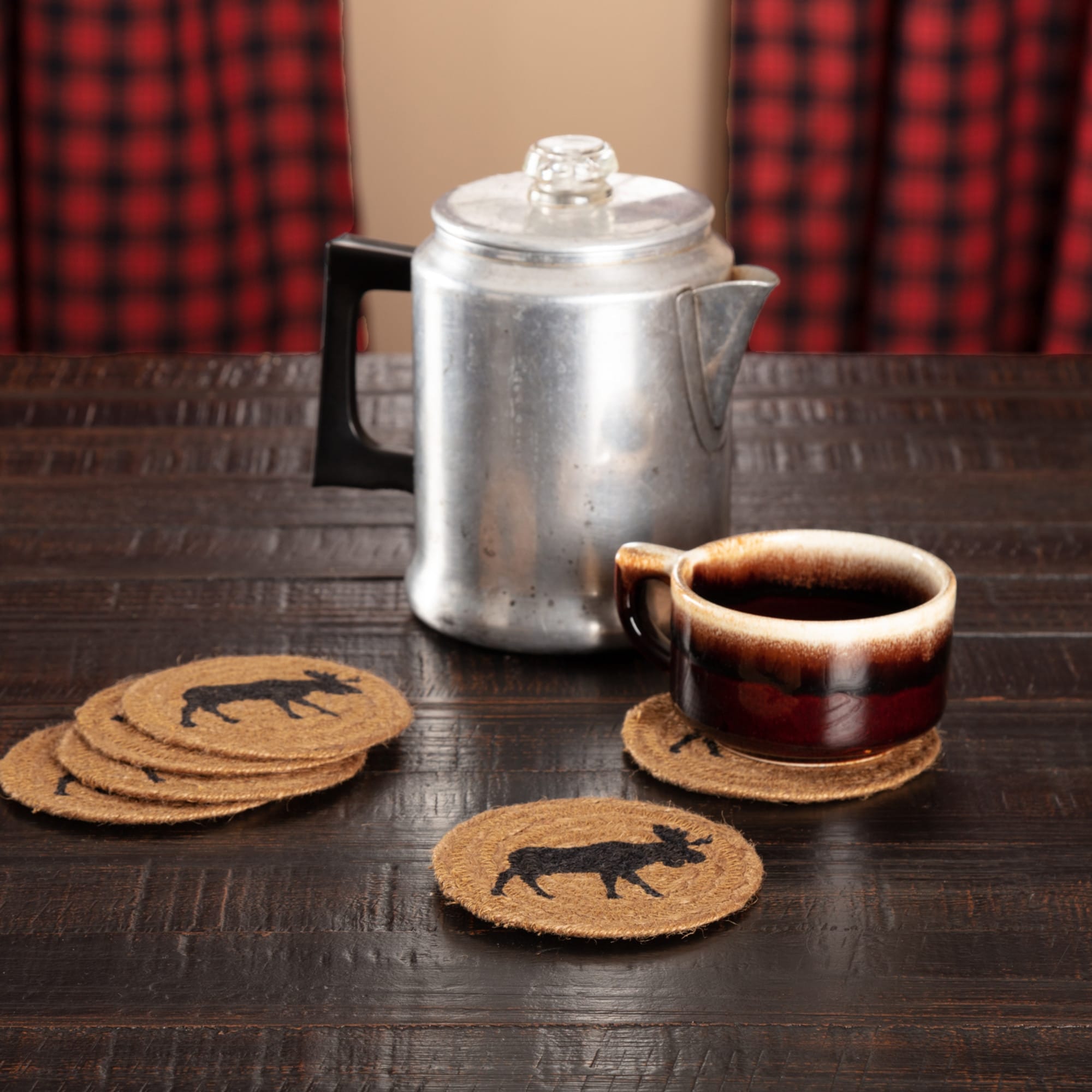 Vhc Brands Tan Jute Rustic Tabletop Kitchen Shasta Cabin Moose Coaster Set Of 6