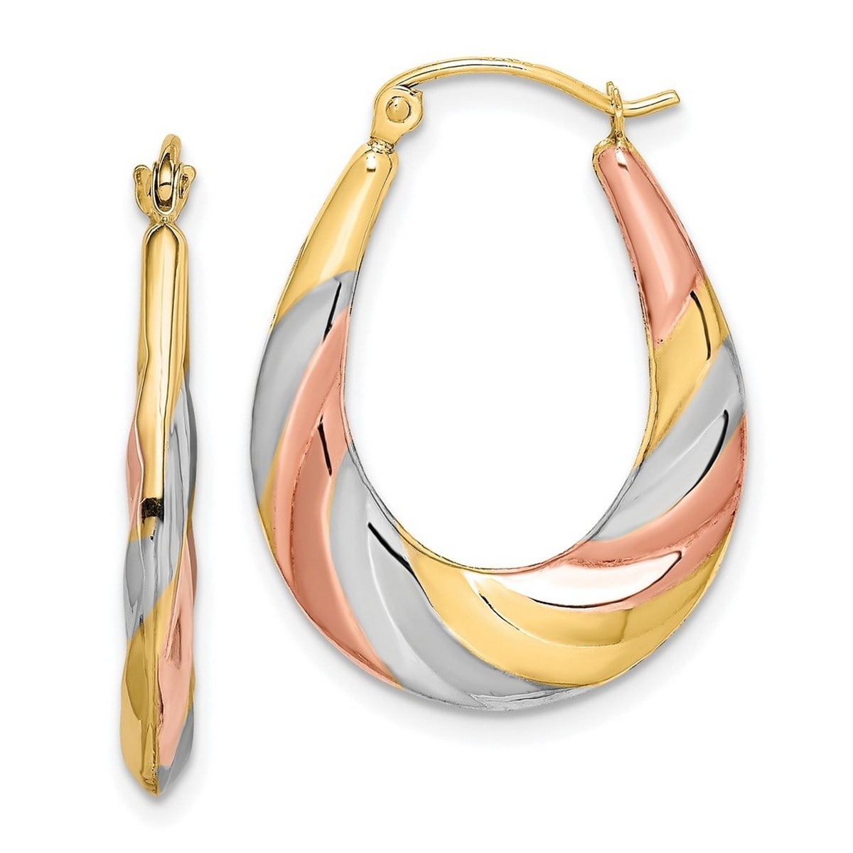Curata 10K White Gold Polished Hinged Post And Rose Rhodium Oval Scalloped Hollow Hoop Earrings