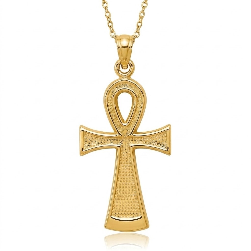 Curata 10K Yellow Gold 18 Textured Ankh Egyptian Cross Necklace 13X27Mm