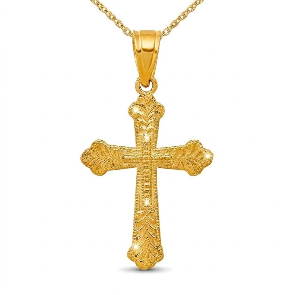 Curata 10K Yellow Gold 18 Textured Budded Cross Pendant Necklace 25X13Mm