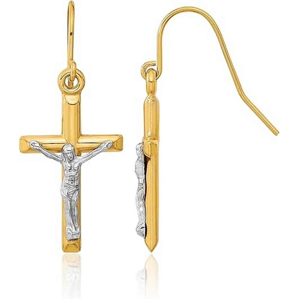Curata 14K Two Tone Gold Crucifix Cross Hook Drop Earrings 12Mmx30Mm Orange
