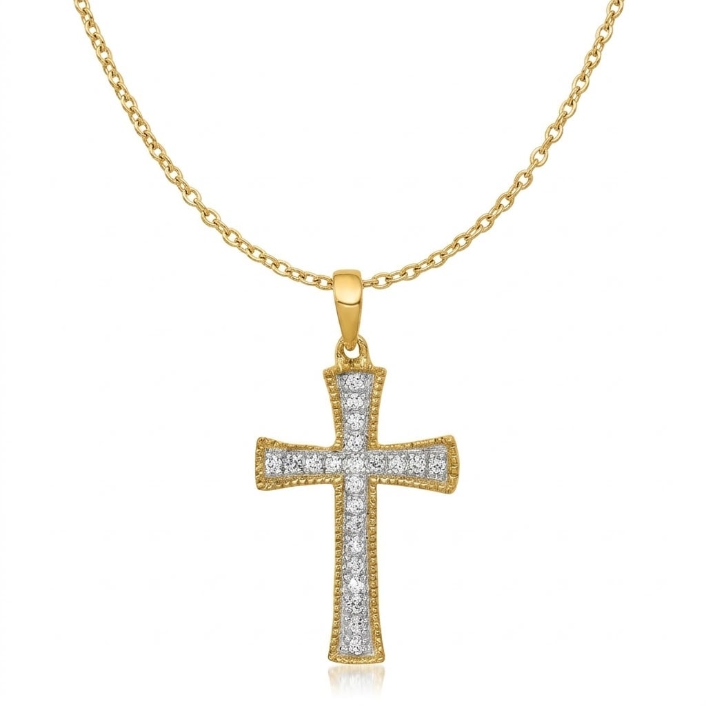 Curata 10K Or 14K Yellow White Or Rose Gold 18 0.10 Cttw Genuine Diamond Beaded Flared Cross Necklace