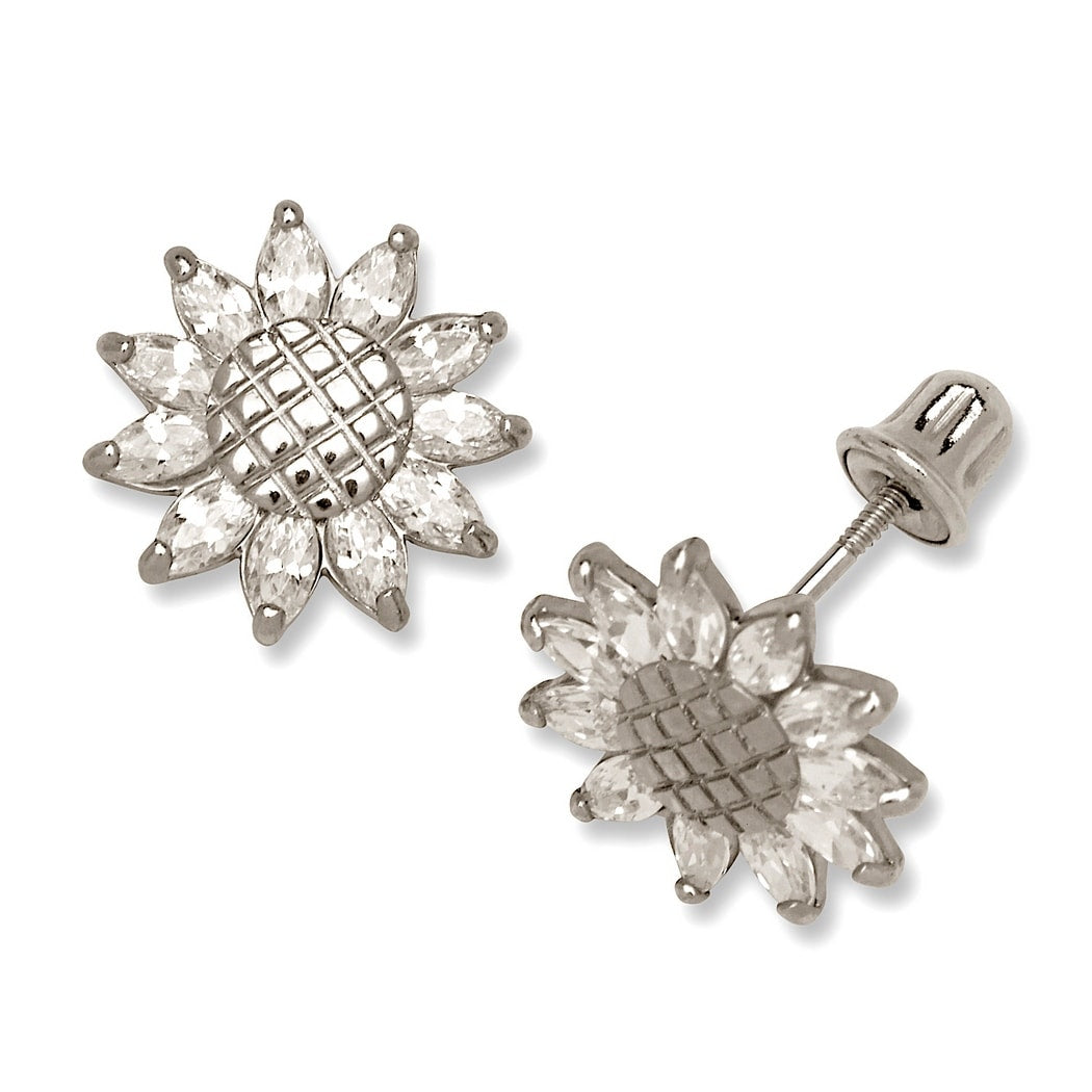 Curata 14K Gold Cubic Zirconia Textured Sun Flower Screw Back Earrings White