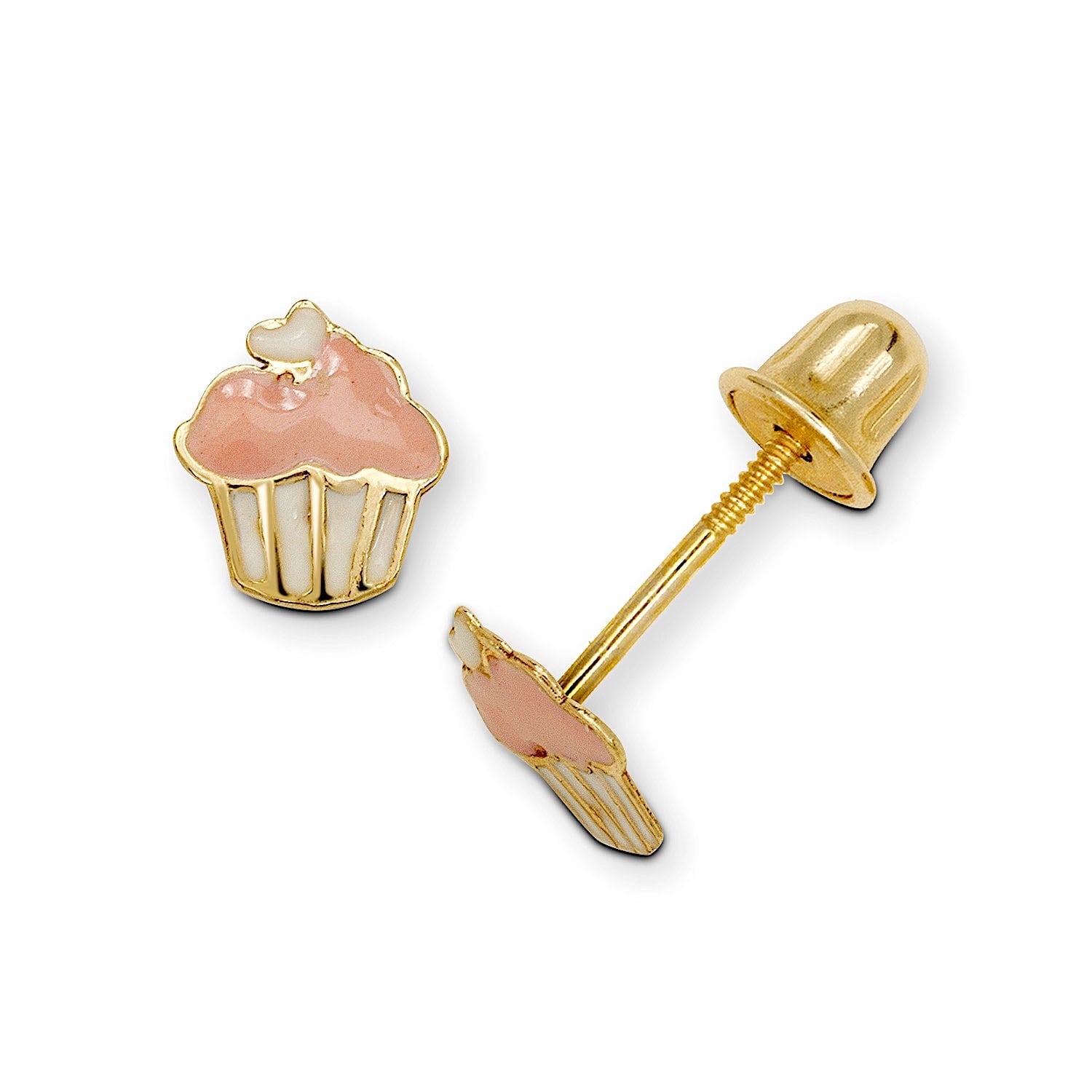 Curata 14K Yellow Gold Childrens Small Color Enamel Cupcake Screw Back Stud Earrings