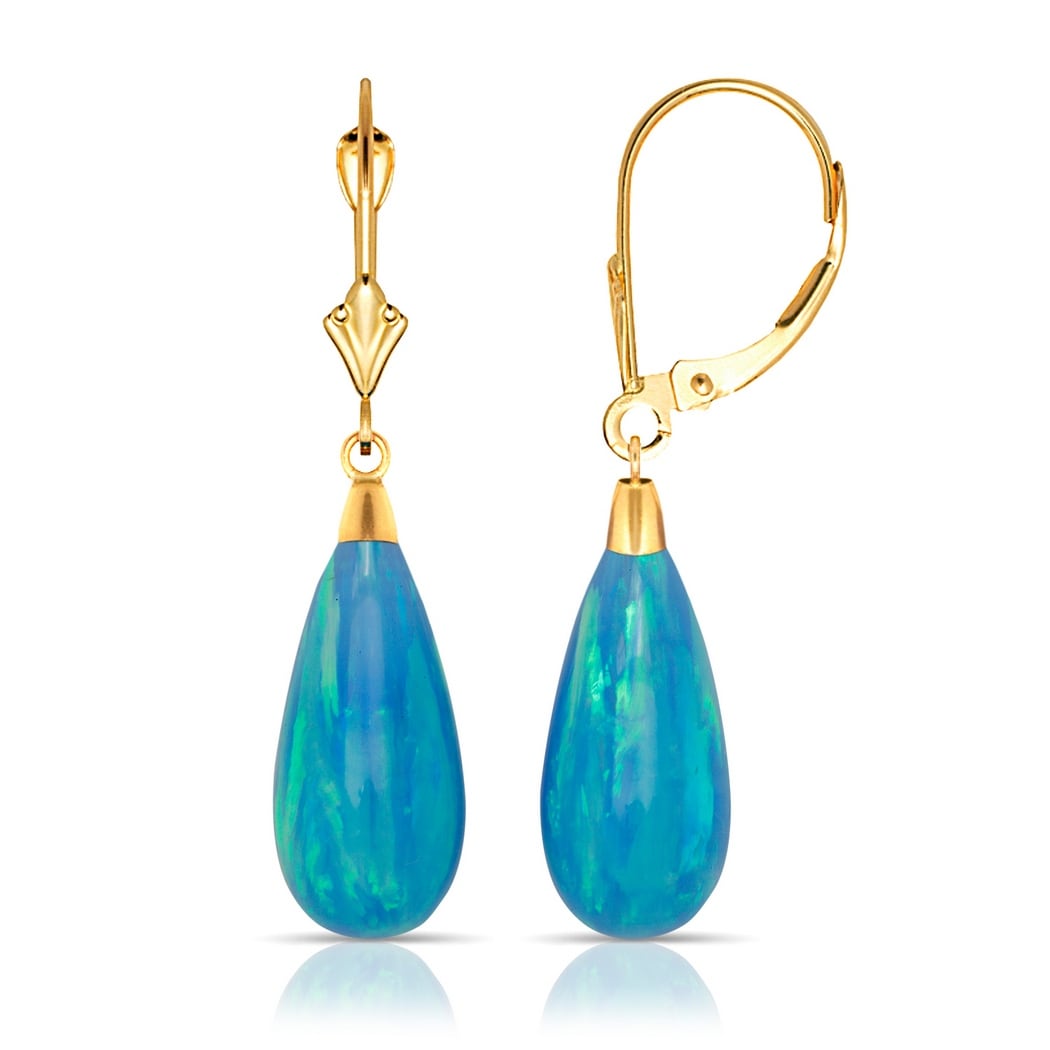 Curata 14K Yellow Gold Tear Drop Created Opal Dangle Leverback Earrings