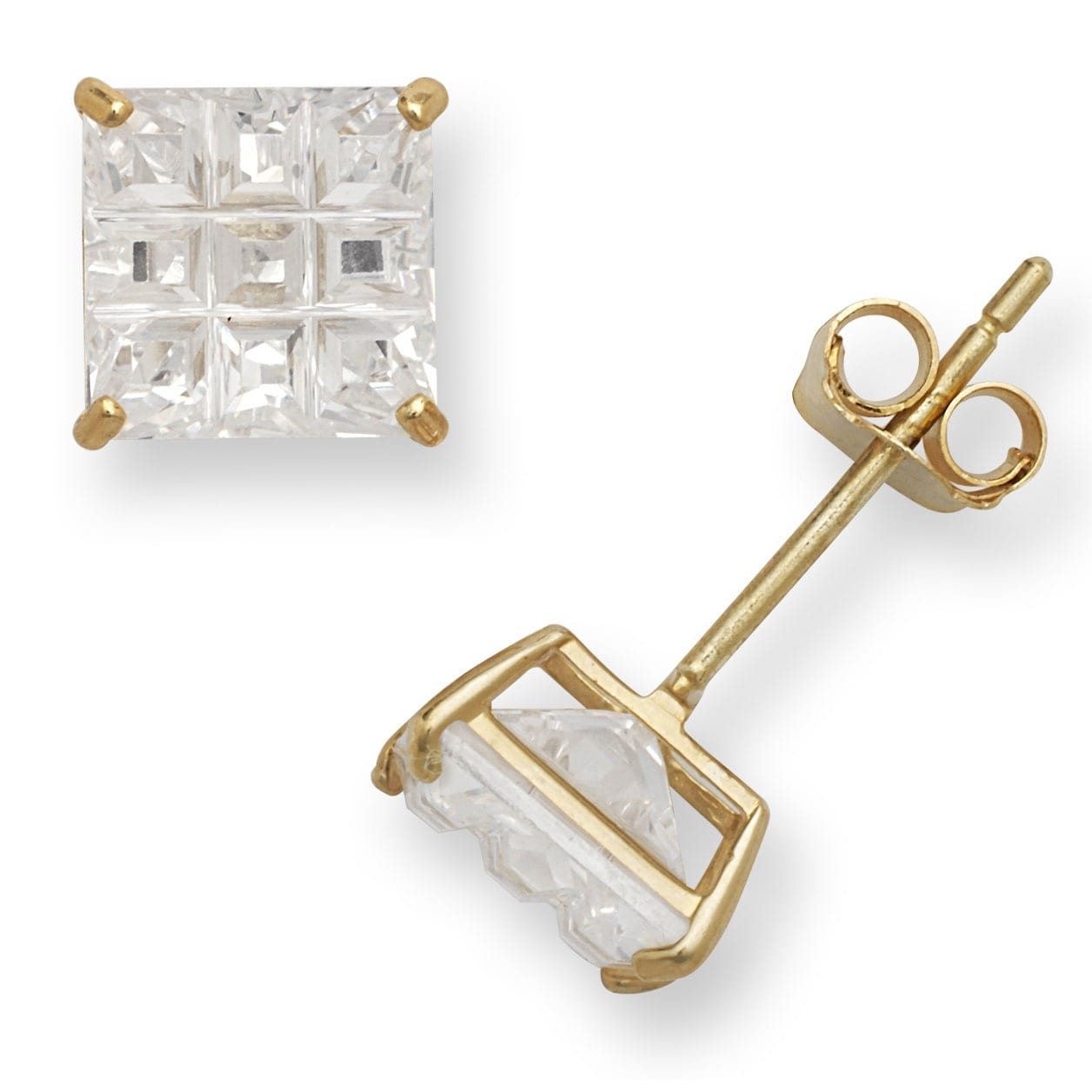 Curata 14K Gold 9 Segment Princess Cubic Zirconia Stud Earrings White