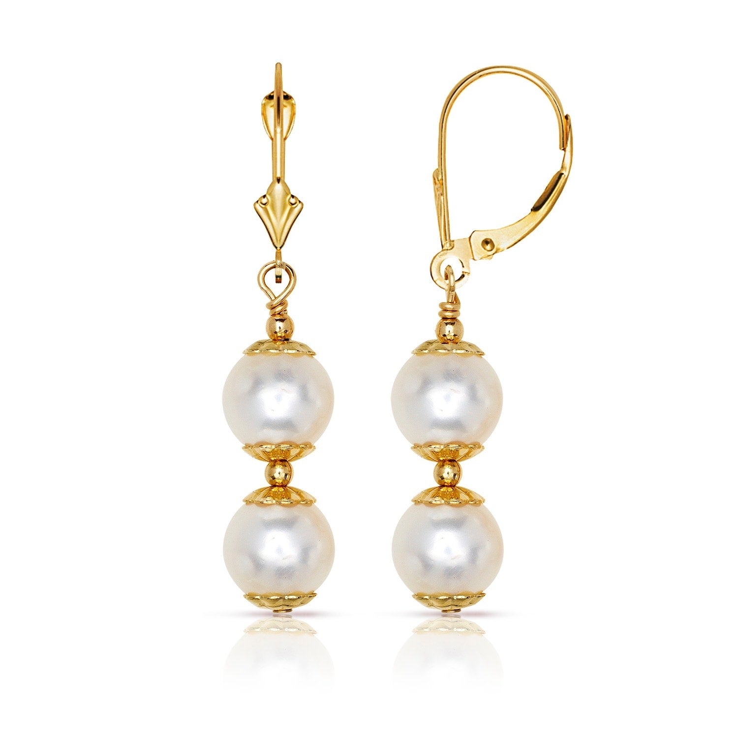 Curata Solid 14K Beaded 6Mm Freshwater Cultured Pearl Double Dangle Leverback Earrings 6Mm X 35Mm