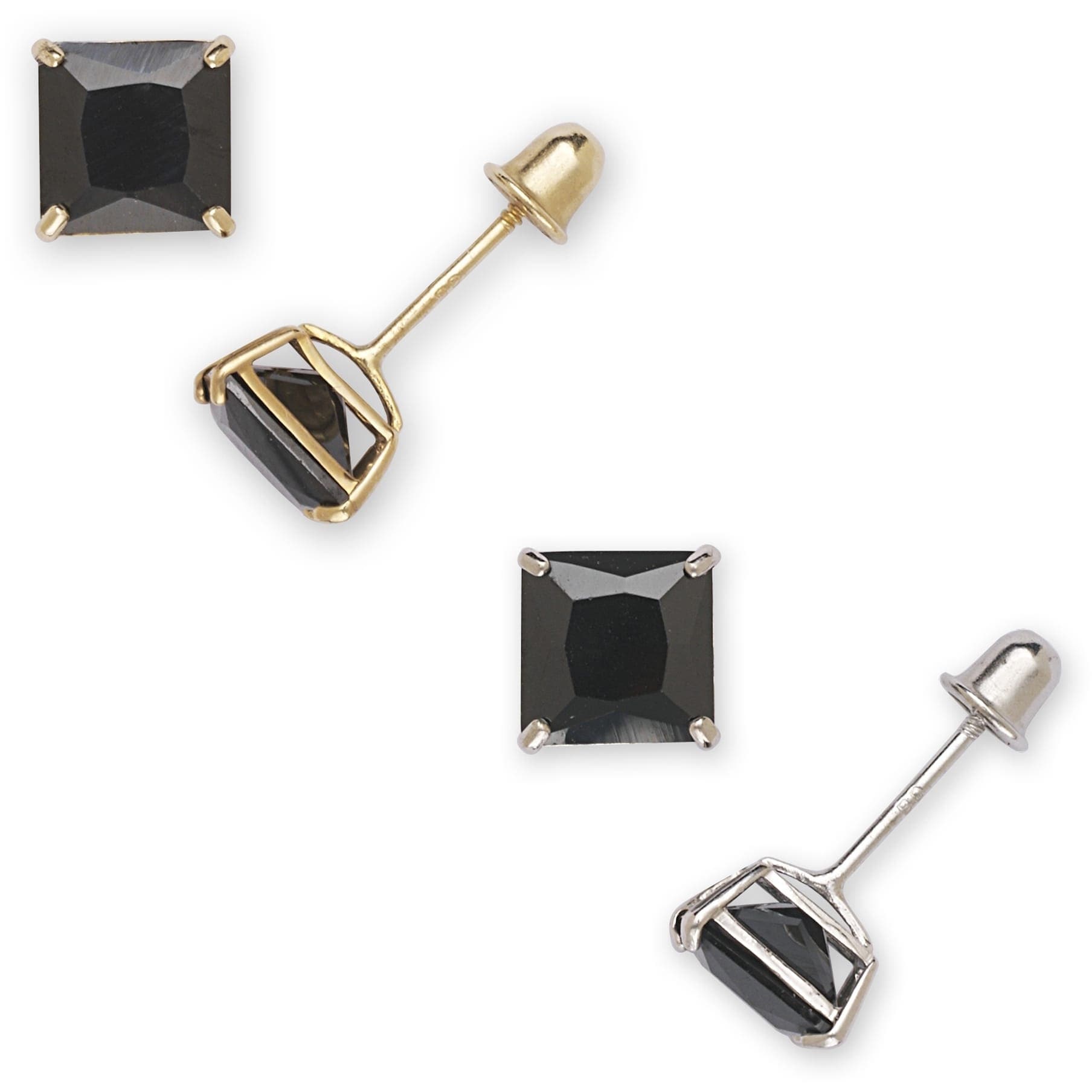 Curata 14K Gold Princess Cut 6Mm Black Cubic Zirconia Stud Screw Back Earrings