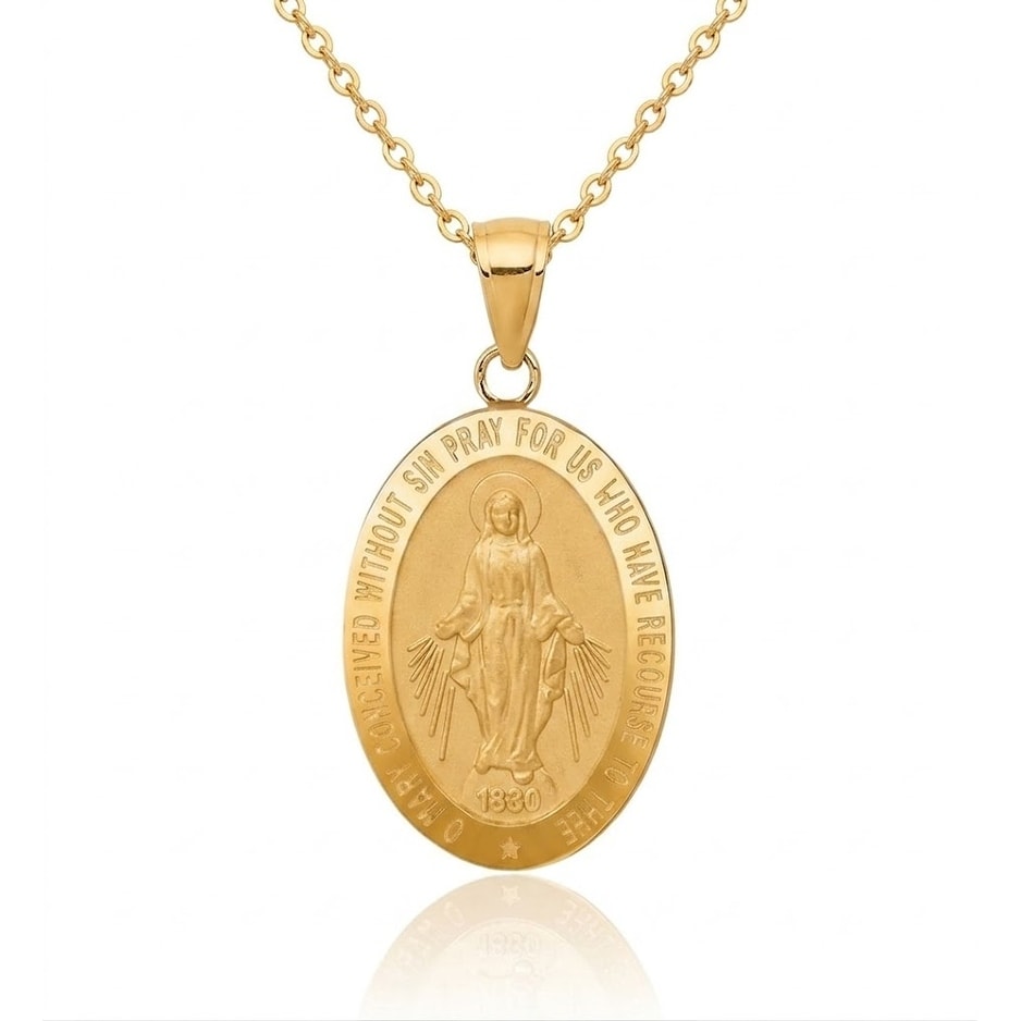Curata 14K Yellow Gold Hollow Polished And Satin Miraculous Medal Pendant