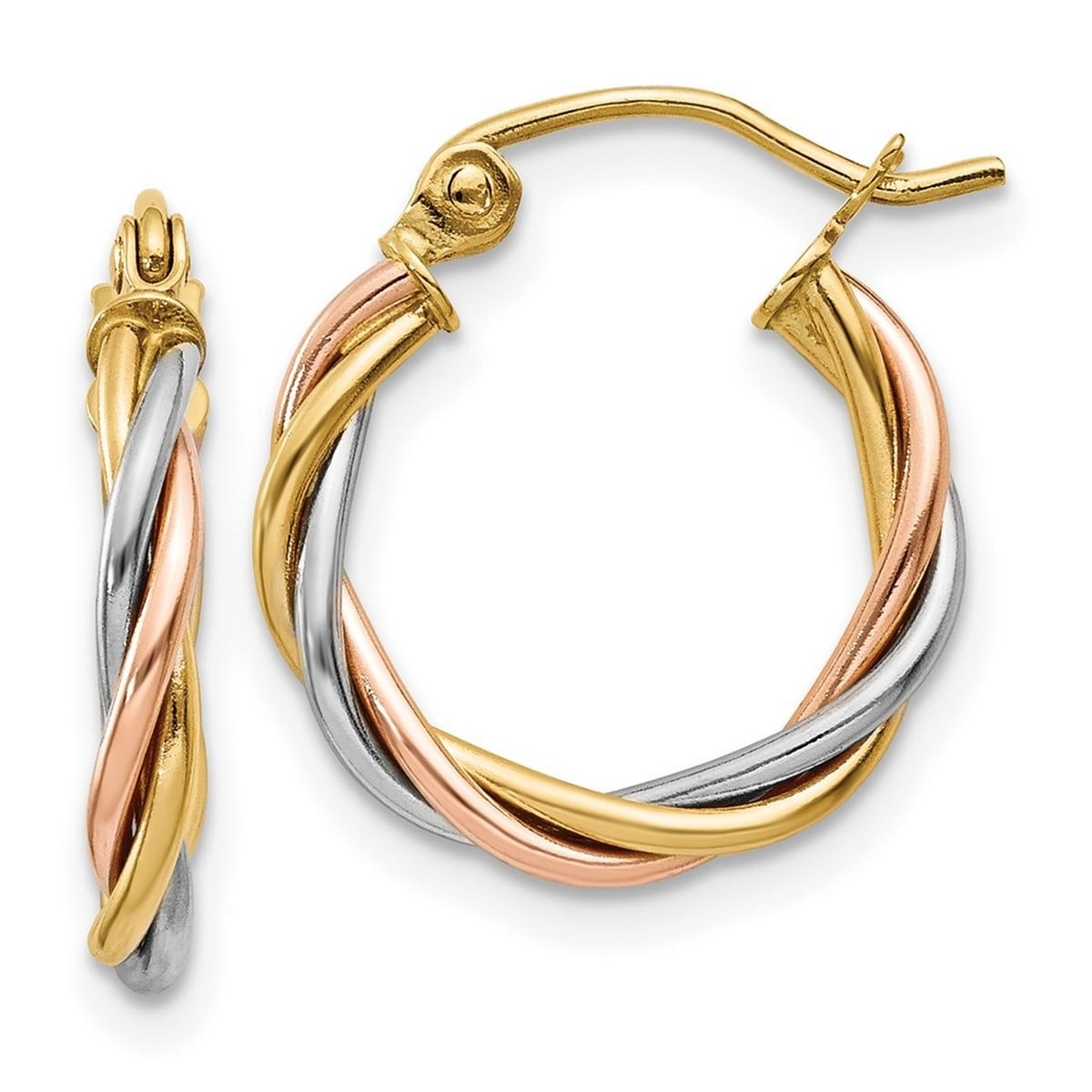 Curata 14K Tri Color Hollow Hinged Post Gold Polished 2.5Mm Twisted Hoop Earrings Jewelry Gifts For Women