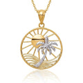 Curata 14K Two Tone Textured Polished Open Back Gold Sun And Palm Tree Pendant