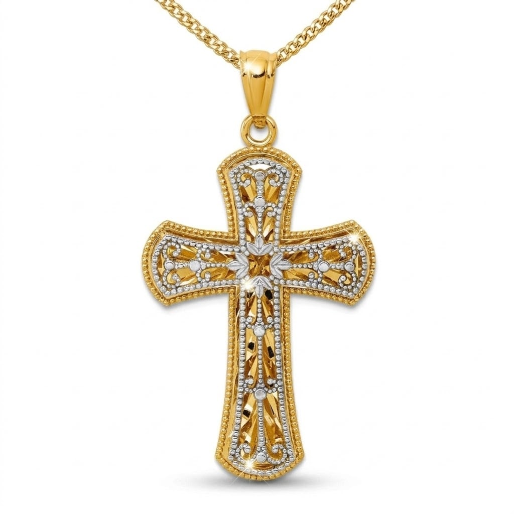 Curata 14K Two Tone Gold 18 2 Level Ornate Cross Pendant Necklace 35.25X19.4Mm