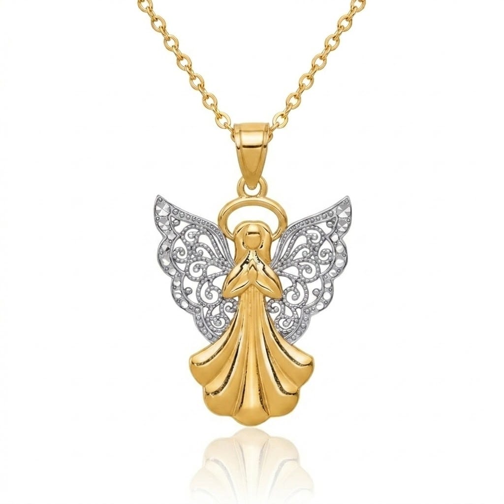 Curata 14K Yellow Gold Rhodium 18 Filigree Angel Pendant Necklace 28X17.7M