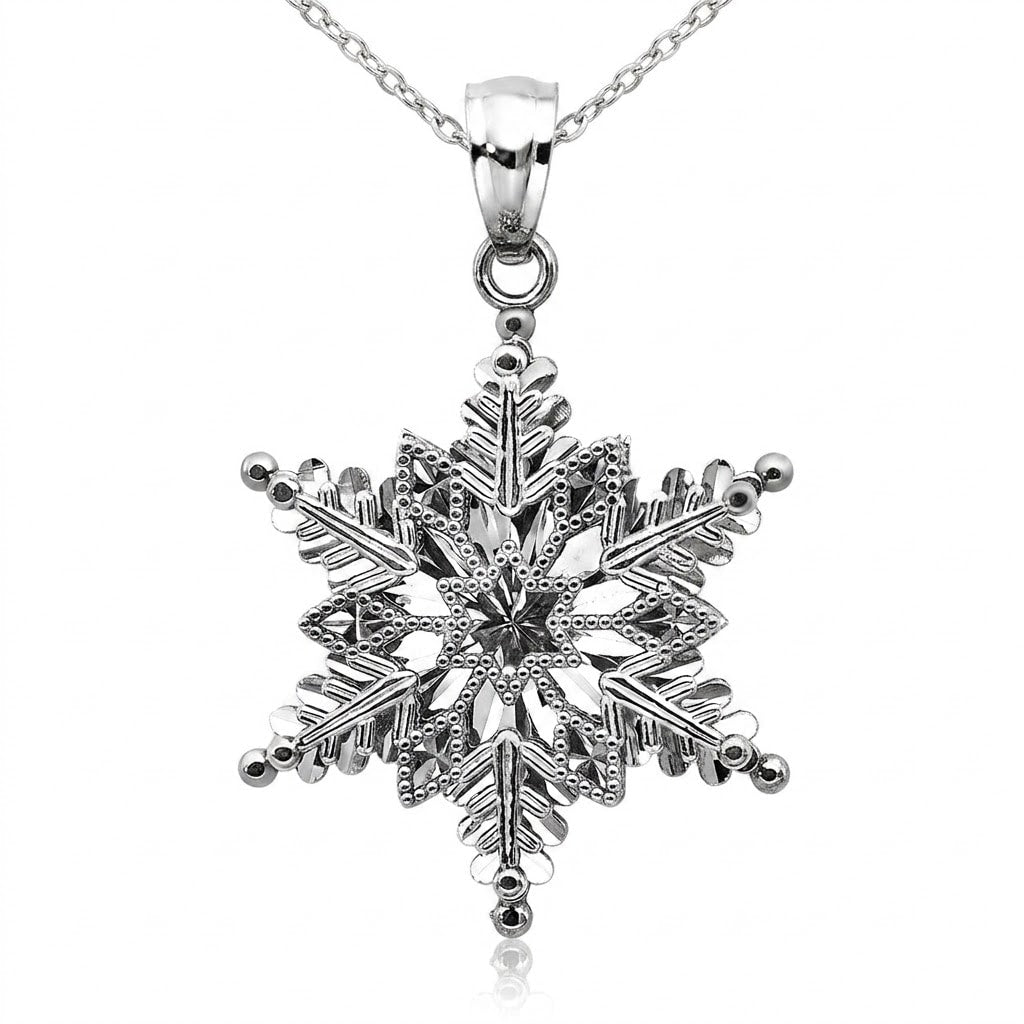 Curata 14K White Gold Polished And Textured 2 Level Snowflake Pendant