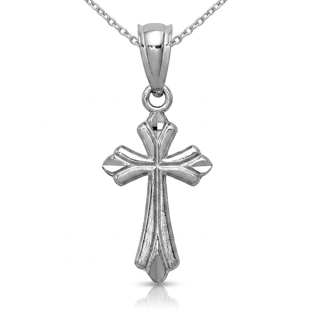 Curata 14K White Gold 18 Rdiged Flared Small Cross Necklace 8.9X21Mm